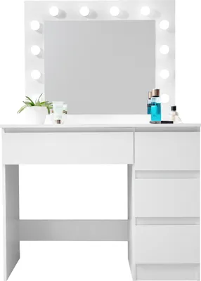 Produktbild von Aga Schminktisch mit 12 LED Glühbirnen,Kosmetiktisch mit 4 Schubladen  Weiß Matt