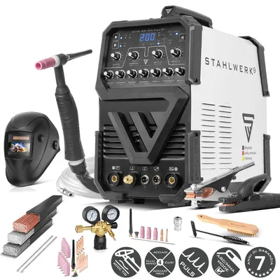 Immagine prodotto di STAHLWERK Saldatrice ad arco schermato AC/DC TIG 200 Pulse ST - completamente attrezzata - inverter IGBT con modalità AC, MMA fino a 200 A, modalità 2T/4T, alluminio e lamiere sottili, productTiles.product.images.aiGenerated
