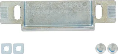A metal bracket and two small square washers and two screws on a white background.