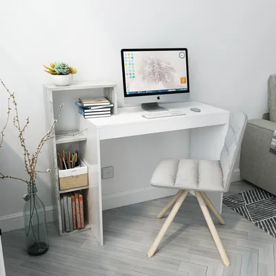 Image de Mondeer Bureau, table d'ordinateur, avec étagère, blanc+gris