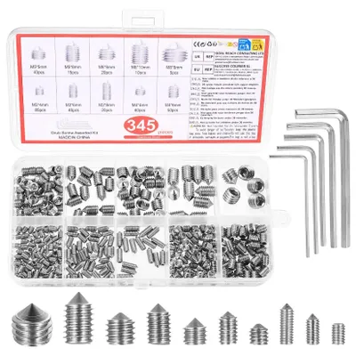 Productafbeelding van 345 stuks assortiment stelschroeven, M3 M4 M5 M6 M8 roestvrijstalen inbusschroeven met sleutels
