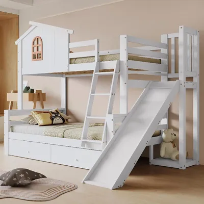 Immagine prodotto di Letto a castello 90x200 cm (piano superiore) e 120x200 cm (piano inferiore), bianco, in legno di pino e MDF, con scivolo e due cassetti, ideale per la camera da letto