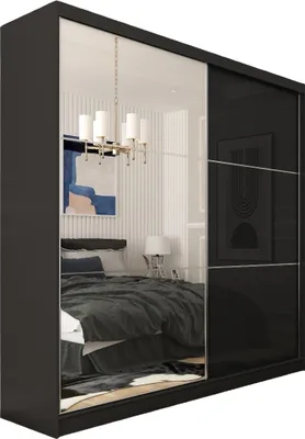 Produktbild von 200 cm Kleiderschrank Vena mit Spiegel inklusive 2 Schiebetüren Schwebetürenschrank (Farbe: schwarz, lacobel schwarz)