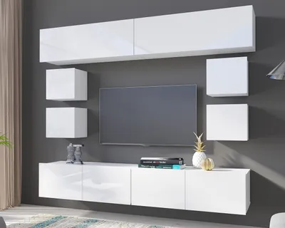 Produktbild von Wohnwand Amanda VIII, Stilvoll Anbauwand vom Hersteller, Moderne Schrankwand, Mediawand 210cm (Weiß / Weiß Hochglanz)