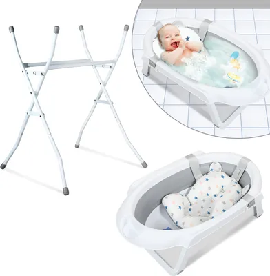 Zdjęcie produktu dla Wanienka dla niemowląt Clanmacy z podstawką 85 cm – składana wanienka dla niemowląt z korkiem i poduszeczką do kąpieli, szara