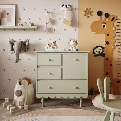 A child's bedroom with a dresser, toys, and wall decorations.