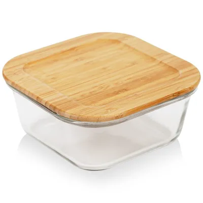 Produktbild von Glasbehälter mit Bambusdeckel - Spülmaschinen- und mikrowellengeeignet