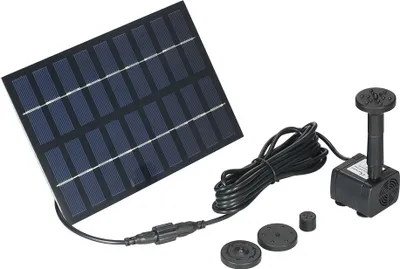 A solar panel and a water pump kit are laid out on a white background.