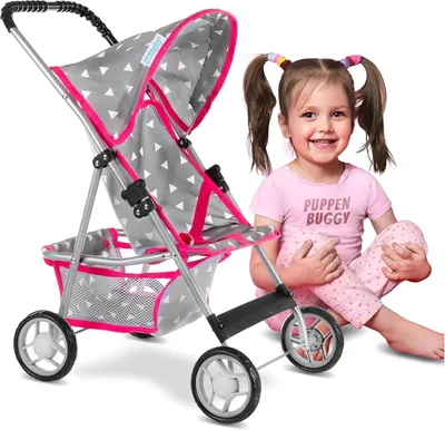 Produktbild von Kinderplay Puppenwagen KP0280S – Leichter klappbarer Puppenbuggy mit Verdeck und Anschnallgurt – Aluminiumrahmen, Einkaufsnetz, ab 3 Jahren