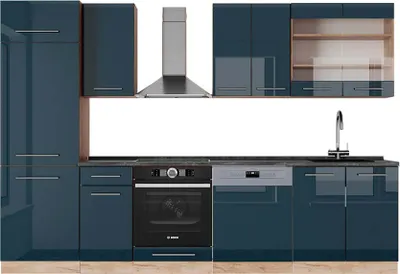 Produktbild von Küchenzeile Vicco Fame-Line Dunkelblau Hochglanz/Goldkraft Eiche 300 cm , AP Anthrazit, Model 49774