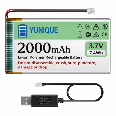 Image de Batterie LiPo 3,7 V 2000 mAh 103450 Micro JST 2.0 avec chargeur USB pour Arduino, ESP32, LoRa, IoT et électronique RC