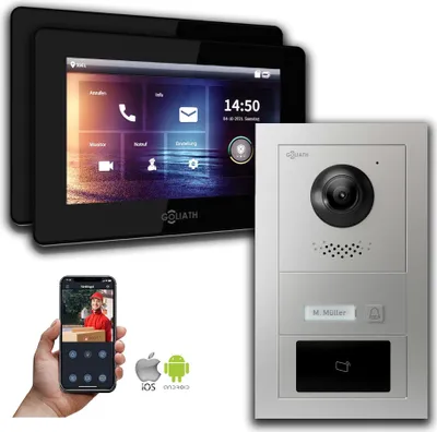 Produktbild von Goliath IP Video Türsprechanlage 7-Zoll 2-Monitor RFID : Unterputzdose : 7 Zoll in Schwarz : 4er POE (Standard) Türklingel