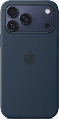 The back of a dark blue iPhone case with a triple camera bump and an Apple logo.