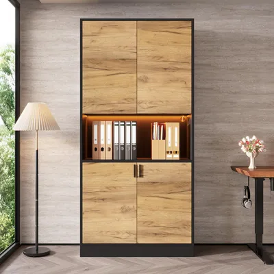 Produktbild von Flieks Hochschrank mit verstellbaren Einlegeböden und LED-Beleuchtung, Aktenschrank 80x35x180cm, Sideboard für Büro Wohnzimmer, Schwarz+Eiche