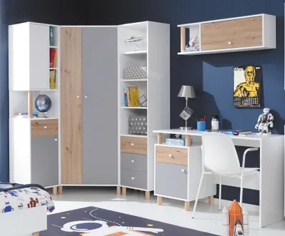 Produktbild von Jugendzimmer Set 5-teilig FAIRFAX-133 mit Eckkleiderschrank in weiß mit Eiche und grau