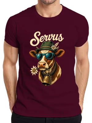 Zdjęcie produktu dla Servus Kuh, okulary przeciwsłoneczne Edelweiss, koszulka w bawarskim stylu, spodnie skórzane męskie, T-shirt, kolor burgundowy, rozmiar S