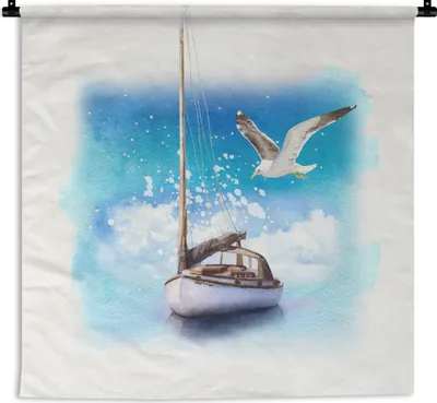 Produktbild von MuchoWow® Wandteppich Wandbehang Boot - Vogel - Meer - Aquarell 150x150 cm Tapisserie Dekoration Wandtuch - Wohnaccessoires - Modernes