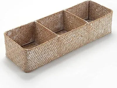 Produktbild von Unyqoos® Seegras-Aufbewahrungskorb, rechteckig, 100% handgewebt, Naturfarbe, Metallrahmen, 3 Fächer, 42×14×9 cm – für Toilettenpapier & Kleinteile