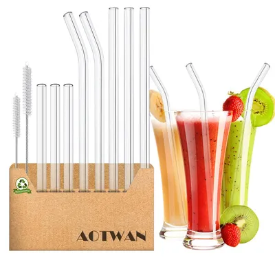 Obrázek produktu pro Skleněné opakovaně použitelné brčka, 10 kusů: 3 kusy o délce 15 cm, 3 kusy o délce 21,5 cm, 2 kusy o délce 21,5 cm (ohnuté), 2 kartáče na čištění, průhledné