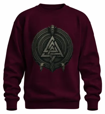 Imagen del producto de Sudadera con cuello redondo, diseño "Valknut" de Odín, motivos vikingos, nudo rúnico, símbolo rúnico, mitología. Color burdeos, talla XXL