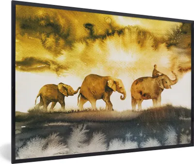 Produktbild von MuchoWow® MuchoWow® Gerahmtes Poster Elefanten - Aquarell - Gelb 30x20 cm - Poster mit zchwarzem Bilderrahmen - Kunstdruck - Bild-Poster