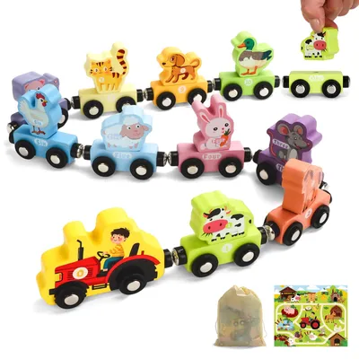 Imagen del producto de Tren de madera con imanes, de 11 piezas, que incluye figuras de animales, apto para niños a partir de 2 años