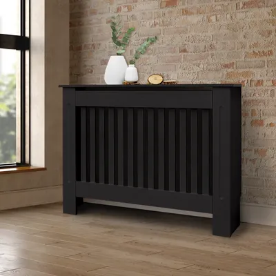 Produktbild von ECD Germany Heizkörperverkleidung Landhausstil 112x19x82 cm, Schwarz, aus MDF lackiert für Schlafzimmer Wohnzimmer