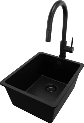 Produktbild von PRIMAGRAN Unterbauspüle Granit Alles Schwarz 36x44cm, Spülbecken 1 Becken + Küchenarmatur 40x20cm + Ablauf-Set, Granitspüle ab 40er Unterschrank - Venedig Easy