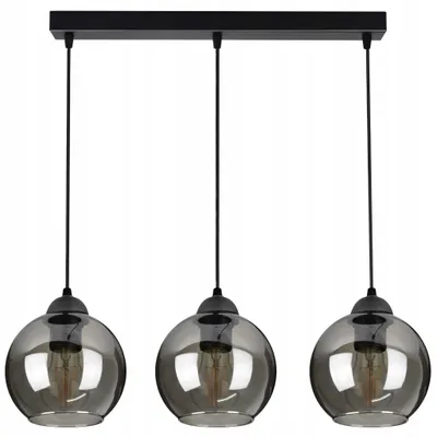 A product shot of a black three-light pendant lamp with smoked glass globes.