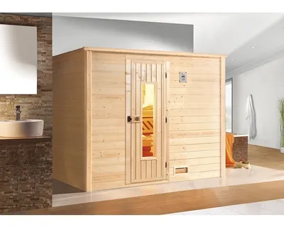 Obrázek produktu pro Finská sauna z masivního dřeva Weka Bergen vel.3 vč. 7,5kW kamen a digitálního ovládání se dřevěnými dveřmi a tepelně izolačním sklem