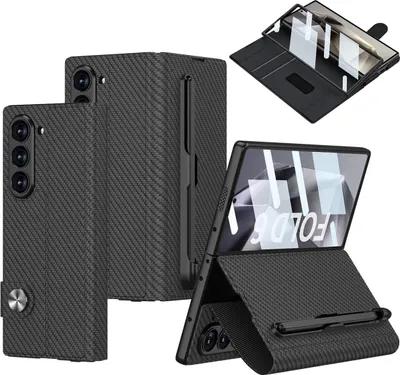 Obrázek produktu pro Pouzdro pro Samsung Galaxy Z Fold 6 Kožené kryt s ochranou displeje, stojánkem, kapsou na karty, magnetickým uzávěrem a držákem na pero uhlíkových černé
