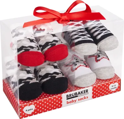 Image de Brubaker 4 Paires de Chaussettes Bébé Garçons Filles 0-12 Mois - Set Cadeau Bébé dans un Emballage Cadeau avec Ruban - Chaussettes de Noël, Chaussettes Sneakers, Chaussettes Animales et Motifs Mignons de Chaussettes