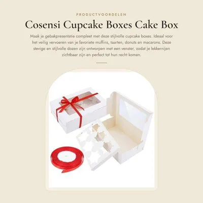 Produktbild von Cupcake-Box für 10 Stück - Kartonverpackung für Cupcakes - Cupcake-Box mit Fenster - Inklusive roter Schleife - Geeignet für Standard-Cupcakes - Gebäckbox