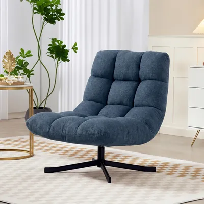 Produktbild von Drehstuhl Sessel ohne Armlehnen, Lounge-Sessel, Polstersessel Chenille, Dunkelblau | 95 x 75 x 90 cm | 360° drehbar | 17 cm Polsterung