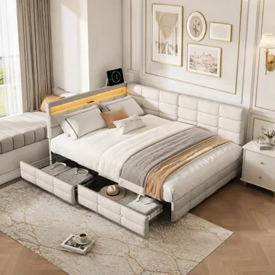 Produktbild von INONEFT Polsterbett 140 x 190 cm, L-förmiges Bett mit Stauraum, Doppelbett mit LED und USB, Jugendbett mit Lattenrost und 2 Schubladen, Leinen, Beige, KI-generiertes Bild