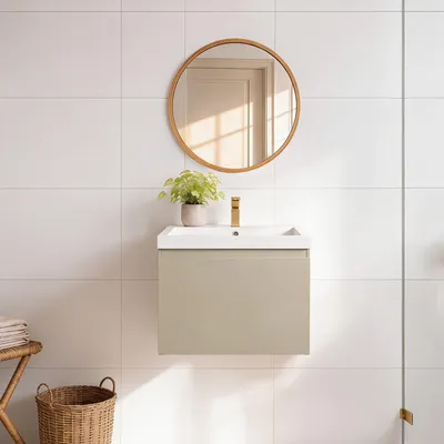 Produktbild von LOMAZOO Badezimmermöbel Greige 60cm - Weißes Waschbecken - Beige-graues Waschbeckenmöbel - Schwebender Waschbeckenunterschrank [MODENA]