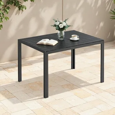 Obrázok produktu pre Záhradný stôl, odolný voči poveternostným vplyvom, 110x70 cm, vonkajší jedálenský stôl, balkónový stôl z WPC, hliníková konštrukcia, záhradný nábytok odolný voči poveternostným vplyvom, štvorcový terasový stôl, čierna farba