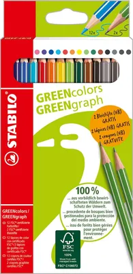 Produktbild von Buntstift GREENcolors + GREENgraph Kartonetui 12 Stück/12 Farben + 2 Blei Packung mit 6 Stück
