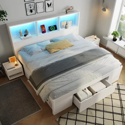 Obrázek produktu pro MODFU Dětská postel 140 x 190 cm s úložnou funkcí a zásuvkou, manželská postel s rámem a 2 pohyblivými nočními stolky, úložná postel bez matrace, bílá