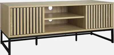 A TV stand with slatted doors and open shelving, presented against a plain white background.