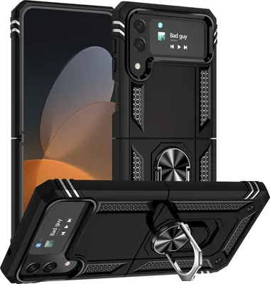 Obrázek produktu pro Pouzdro pro Samsung Galaxy Z Flip 4 5G dvouvrstvé robustní, vojenská ochrana pouzdro s držákem prstenu a stojánkem černé