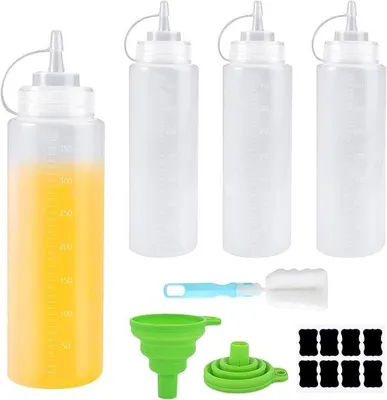 Productafbeelding van Squeeze fles 360ml set van 4 - met deksels en trechter - ideaal voor sauzen en oliën - herbruikbaar en veilig - SnelShoppen
