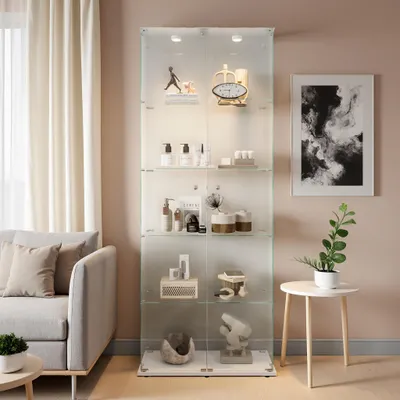 Zdjęcie produktu dla Szkleniana witryna LED, szafka witrynowa z podwójnymi drzwiczkami, 5 półek, szkło hartowane, regulowane półki, do salonu i sypialni, 36 x 80 x 183 cm, biały