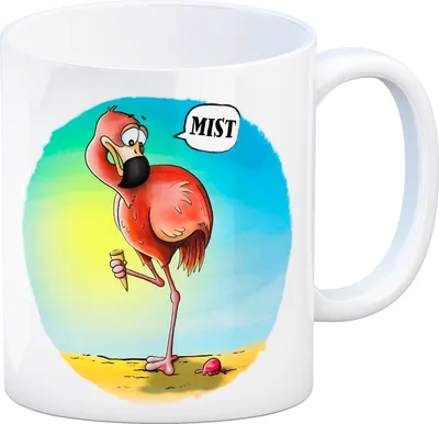 Produktbild von Kaffeebecher mit tollpatschiger Flamingo Motiv und Spruch: Mist Kaffeetasse