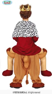A child wearing a king costume is shown from behind, sitting on a camel costume.