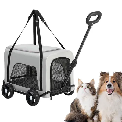 Produktbild von Haustierwagen, Zusammenklappbarer 4 Rad Kinderwagen für Hunde, verstellbarer Griff, 56x46x35cm, Geeignet für Reisen im Freien mit Haustieren, grau