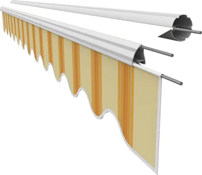 A close-up, isolated view of a retractable awning fabric with a striped pattern and its mounting hardware.