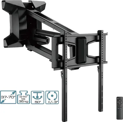 A black motorized TV wall mount is shown against a white background, with icons indicating its features.