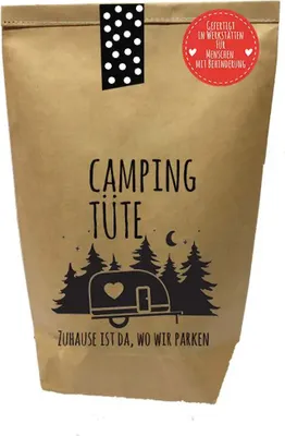 A brown paper bag with text and graphics related to camping.