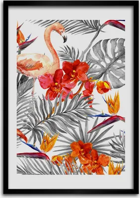 Produktbild von Bild - Bilderrahmen - 50 cm x 70 cm - MDF - Rahmen - Wandkunst Flamingos und Blumen